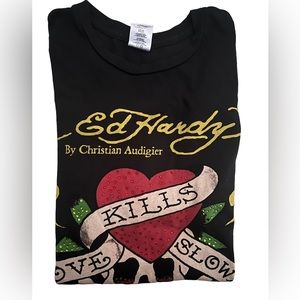 Vintage Ed Hardy by Christian Audigier Studded Black Tee Long Women Med.